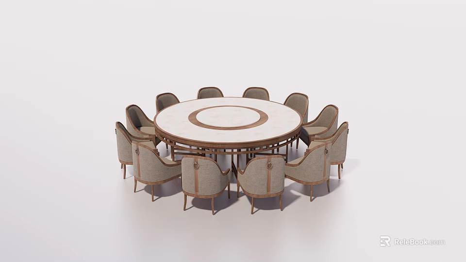 Elegant Round Dining Table Set With Marble Top And Upholstered Chairs 3d model 