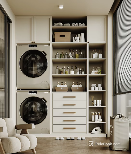 Home Balcony Organized Space With Stacked Washing Machines Storage Shelves And Drawers 3d model 