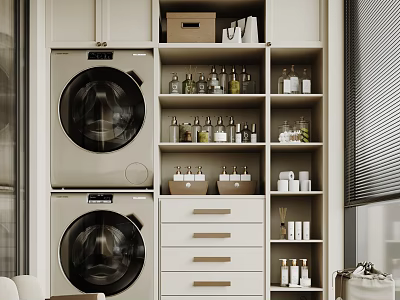 Home Balcony Organized Space With Stacked Washing Machines Storage Shelves And Drawers 3d model