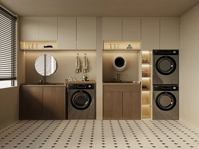Modern Laundry Room With Washing Machines Cabinets Sink Mirror Towels And Patterned Floor 3d model