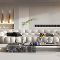 Modern Living Room Interior Design With White Sofa Round Chandelier Coffee Table And Green Plant