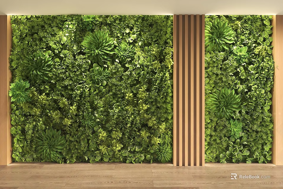 Lush Indoor Greenery Wall Design With Wooden Accent And Hardwood Floor 3d model 