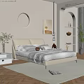 Modern Bedroom Interior Design With Beige Bed Round Wall Light Arched Bookshelf And Rug
