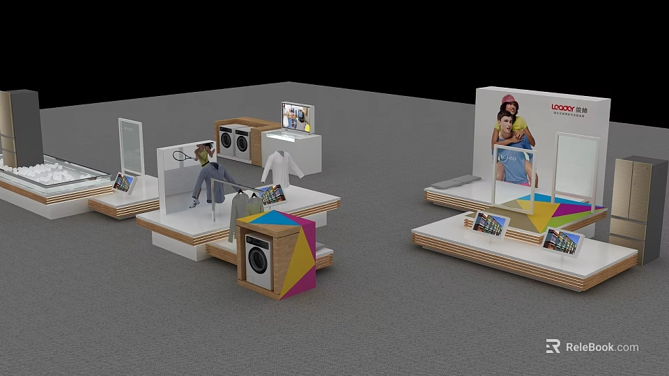Modern Retail Display Shelves With Platforms Screens Washing Machine And Colorful Decor 3d model 