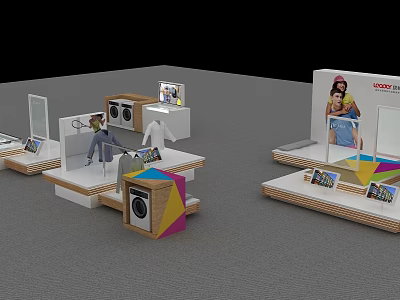 Modern Retail Display Shelves With Platforms Screens Washing Machine And Colorful Decor 3d model