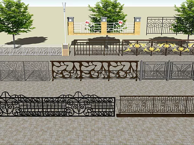 Decorative Wrought Iron Fences with Intricate Patterns and Various Designs in Outdoor Setting 3d model