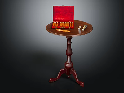 Classic Dark Brown Wooden Round Accent Table With Three Legs And Red Box On Top 3d model