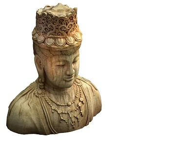 Intricate Hand Carved Buddha Head Sculpture With Ornate Crown And Necklace 3d model
