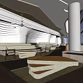 Modern Restaurant Interior With Large Windows Comfortable Seating Wooden Walls And Pendant Lights