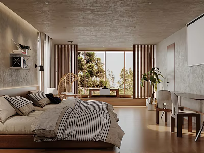 Hotel Guest Room Minimalist Design With Striped Bedding Wooden Floor And Trees Outside 3d model