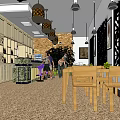 Bar Interior with Wooden Cabinets Hanging Lamps Marble Counter Green Plants and Customers at Tables
