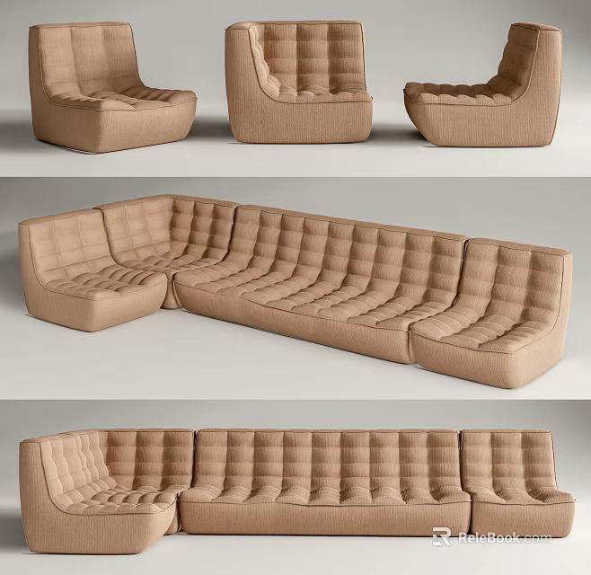 Modern Beige L Shaped Modular Sofa Set With Tufted Stitched Details 3d model 
