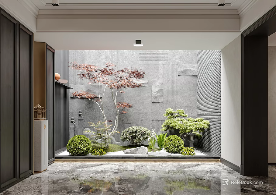 Serene Decorative Modern Interior Courtyard Garden with Gray Wall Red Maple Tree Green Shrubs Stones 3d model 