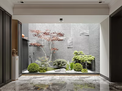 Serene Decorative Modern Interior Courtyard Garden with Gray Wall Red Maple Tree Green Shrubs Stones 3d model