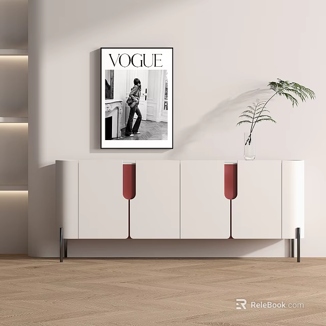 Modern Decorative Cabinet With White Red Accents Vase Plant And Vogue Poster On Wall 3d model 
