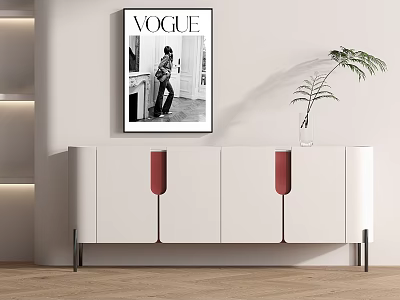 Modern Decorative Cabinet With White Red Accents Vase Plant And Vogue Poster On Wall 3d model