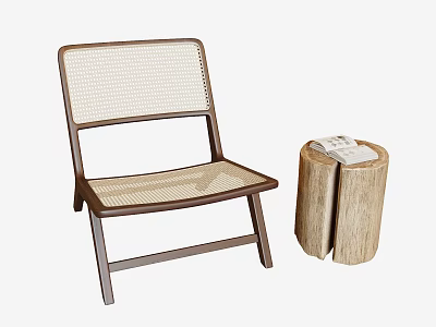 Leisure Chair with Wooden Frame Rattan Seat and Backrest Plus Tree Stump Stool and Magazine 3d model