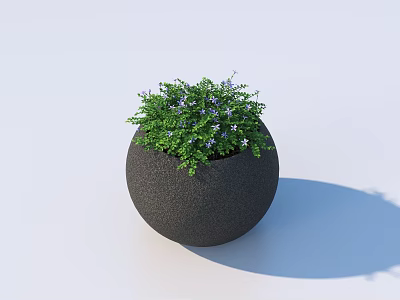 Black Spherical Textured Bonsai Plant Pot With Green Leaves And Purple Small Flowers 3d model
