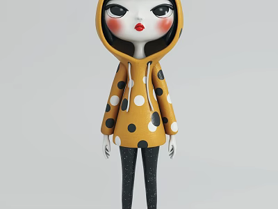 Cute Doll Wearing Yellow Hoodie With Black Polka Dots Big Eyes And Red Lips 3d model