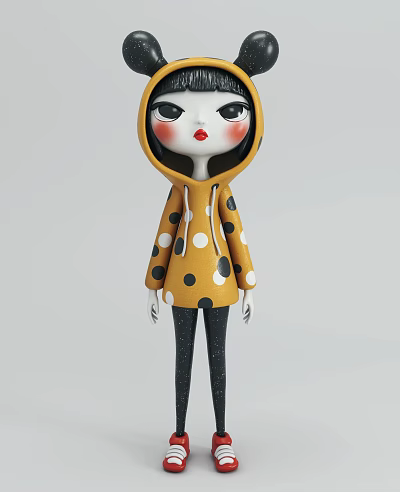 Cute Doll Wearing Yellow Hoodie With Black Polka Dots Big Eyes And Red Lips 3d model