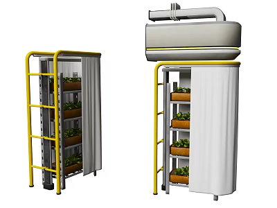 Indoor Vertical Green Wall With Multi Layer Planters Yellow Frame And White Curtain 3d model