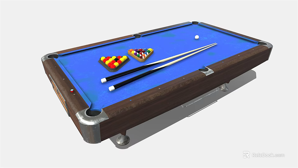 Billiard Table Sports Equipment With Blue Felt Surface Billiard Balls And Wooden Cues On Frame 3d model 