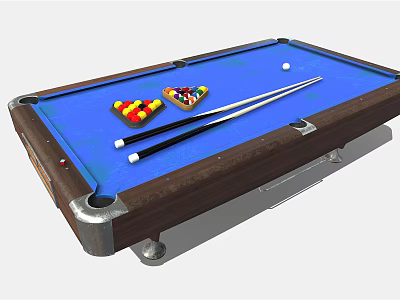 Billiard Table Sports Equipment With Blue Felt Surface Billiard Balls And Wooden Cues On Frame 3d model
