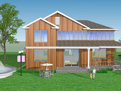 Two Story Detached Villa Featuring Wooden Exterior Large Windows Lawn And Outdoor Seating Area 3d model