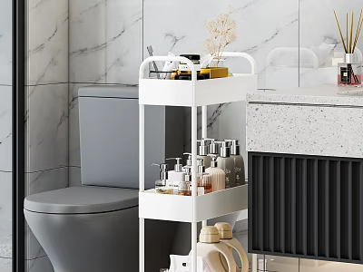 White 3 Tier Bathroom Storage Rack With Toiletries Aromatherapy And Decor On Marble Wall 3d model