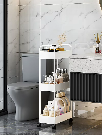 White 3 Tier Bathroom Storage Rack With Toiletries Aromatherapy And Decor On Marble Wall 3d model