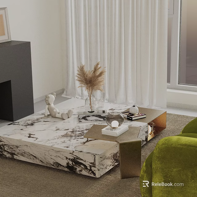 Green Sofa and Marble Coffee Table Set with White Curtains Fireplace and Decorative Items 3d model 