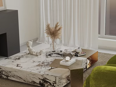 Green Sofa and Marble Coffee Table Set with White Curtains Fireplace and Decorative Items 3d model