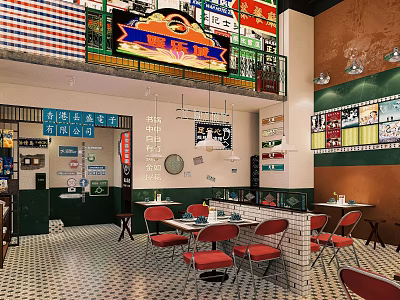 Retro Restaurant Interior With Neon Sign Red Green Decor And Dining Tables 3d model