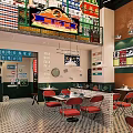 Retro Restaurant Interior With Neon Sign Red Green Decor And Dining Tables
