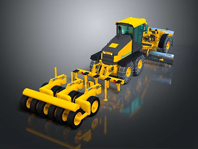 Yellow Heavy Duty Construction Road Grader With Multiple Blades And Rollers 3d model