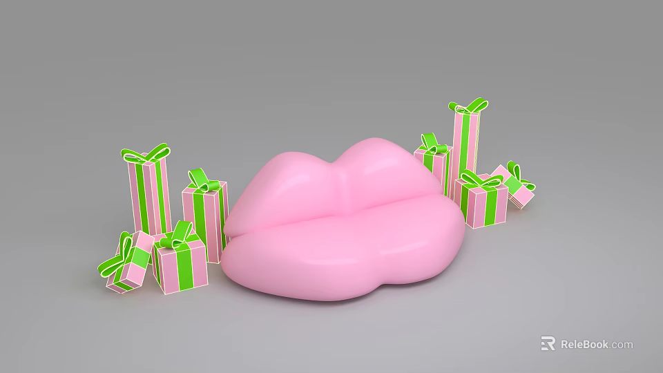 Decorative Pink Lips Model With Green Bow Gift Boxes Arrangement 3d model 
