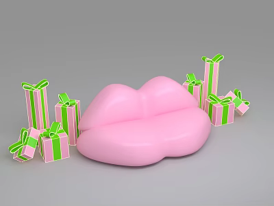 Decorative Pink Lips Model With Green Bow Gift Boxes Arrangement 3d model