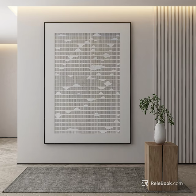 Geometric Pattern Artwork On Wall With Wooden Side Table And White Vase Plant 3d model 