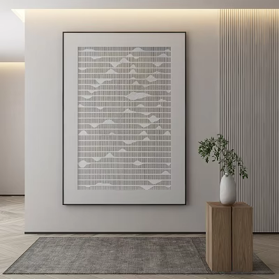 Geometric Pattern Artwork On Wall With Wooden Side Table And White Vase Plant 3d model
