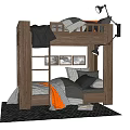 Wooden Bunk Bed With Gray Bedding Orange Blanket And Wall Mounted Lamp