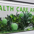 Health Care Area Window Display With Green Plants Balloons And Signage