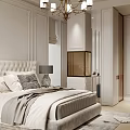 Bedroom Interior With Light Colored Walls Wooden Cabinet And White Dog Figurine On Table