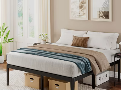 Cozy Bedroom Interior With Bed White Pillows Brown Cushion Wall Paintings And Storage Boxes 3d model
