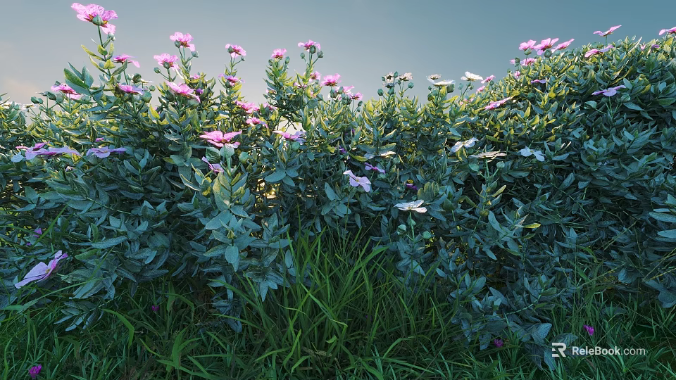 Lush Green Shrubs Bearing Pink Flowers in Garden with Grass Under Sky 3d model 