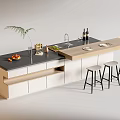 Modern Kitchen Bar Counter With Wooden Top Black Surface Stools Fresh Fruits And Green Plant