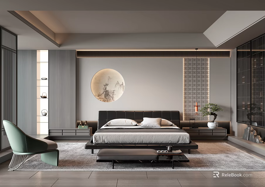 Modern Bedroom Interior With Circular Wall Art Green Chair Soft Lighting And Area Rug 3d model 