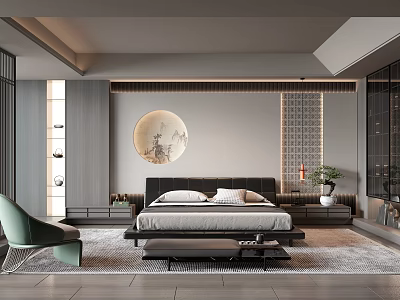 Modern Bedroom Interior With Circular Wall Art Green Chair Soft Lighting And Area Rug 3d model