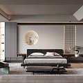 Modern Bedroom Interior With Circular Wall Art Green Chair Soft Lighting And Area Rug
