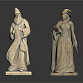Two Stone Antique Robed Figure Sculptures Holding Scroll and Scepter on Pedestals
