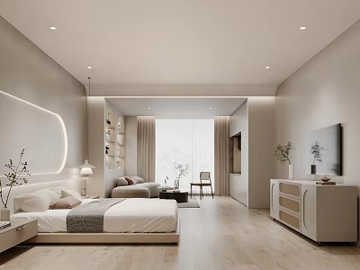 Modern Bedroom Interior Design With Cozy Bed Nightstand Sofa TV Cabinet And Large Window 3d model